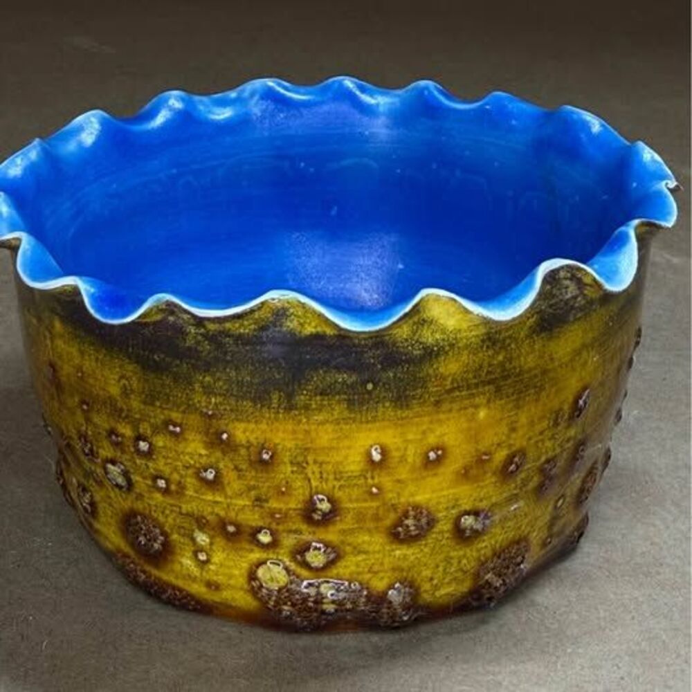 Katherine Richardson Signed Studio Art Pottery Bowl Blue Brown Glaze Ruffled Rim